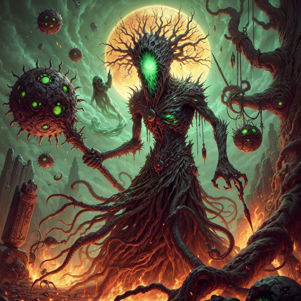 dark soul boss,elden Ring style,a corrupted tree man, an eldritch being inside a tree, 8 long thick root came from the back, corrupted wood hand and arm,  holding a runic dead tree branch as a spear, toxic fruit as bomb,thick trunk tentacles,glowing green eye,death green aura, open mouth, holding corrupted death fruit, astral ghost flying around, 