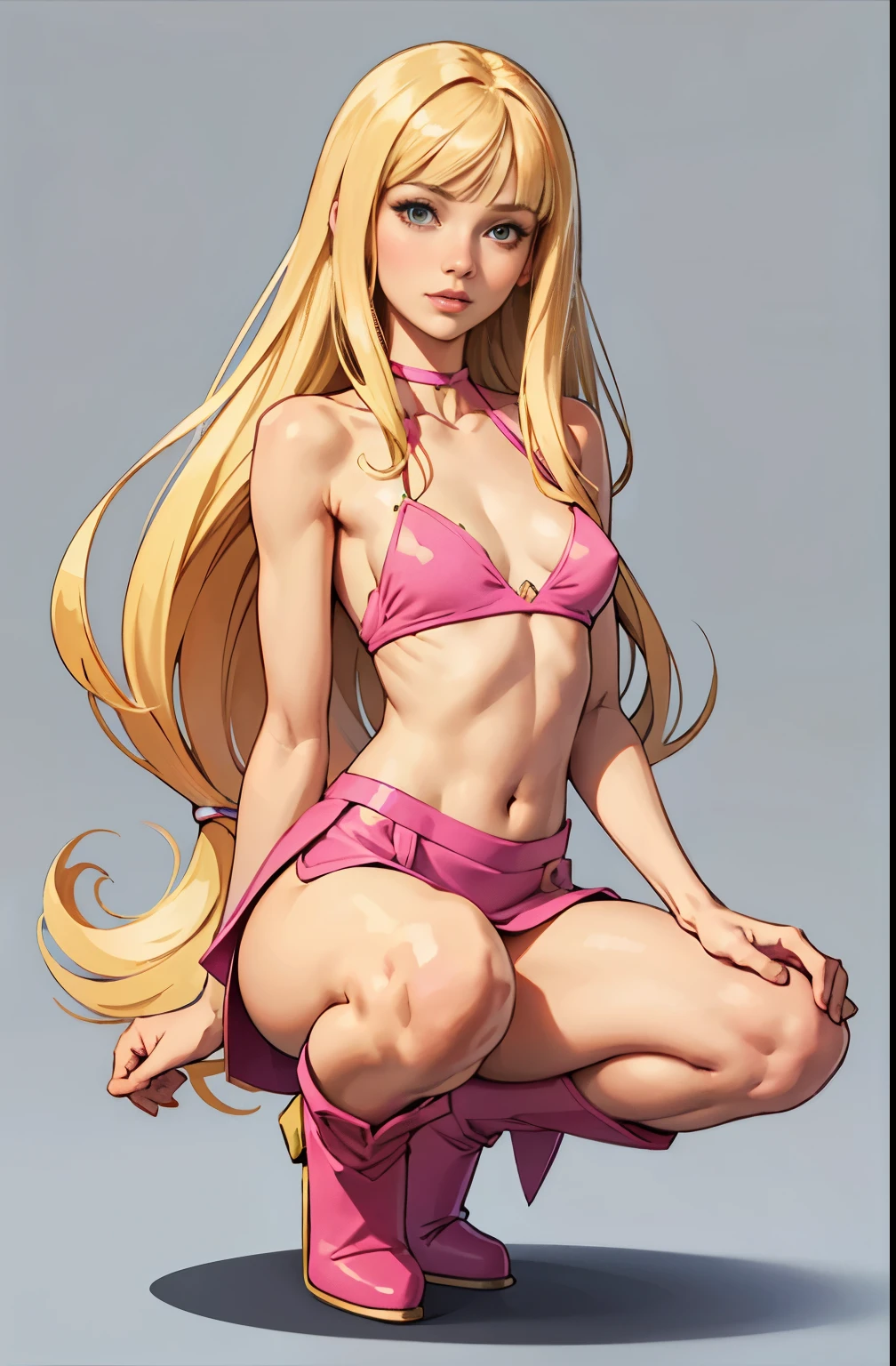 girl, portrait, small breasts, slim, long blonde hair, winx club, stella, stella winx club Warm, soft or colored lips, plunging neck top, short skirt, heeled boots, simple bottom, flat colors, perfect hands, perfect anatomy ,