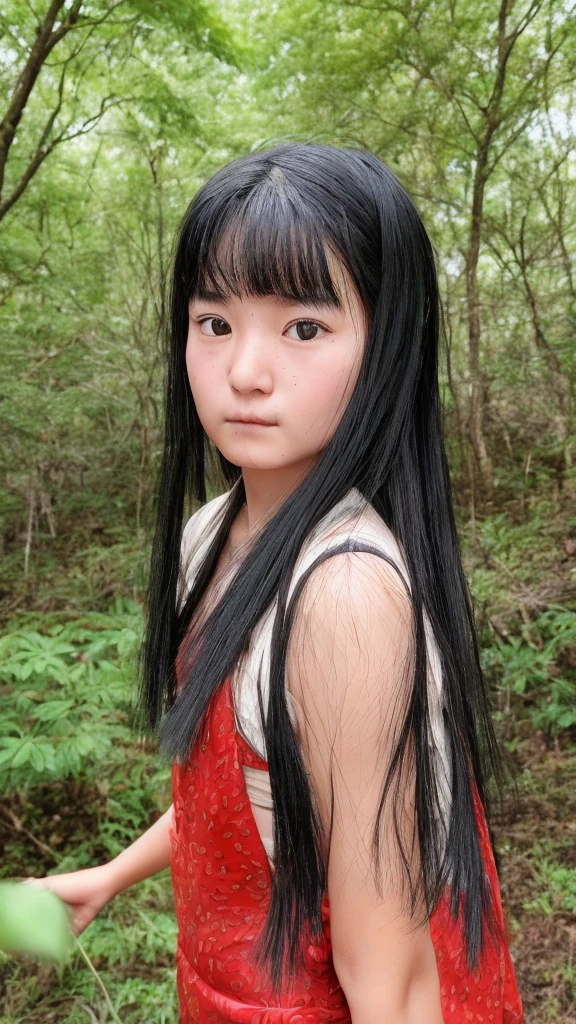 A India traditional gril cute face black hair waking at the mauntein