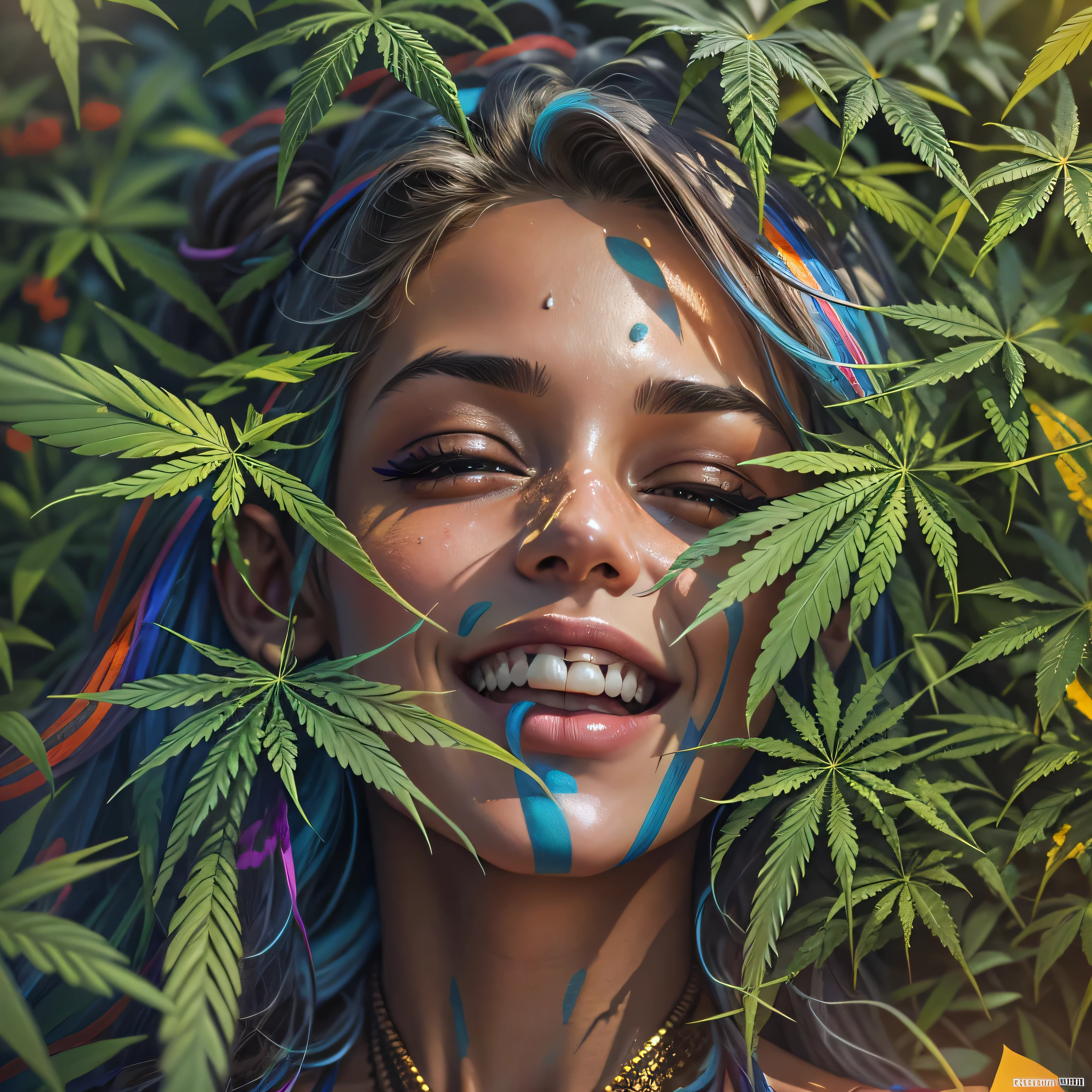 Top quality, masterpiece, super high resolution, ((Photorealistic: 1.4), raw photo, 1 beautiful girl buried in cannabis, ((portrait)), shiny skin, (super realistic details)), Cannabis and cocaine covering limbs, drug education. Beautiful woman with tongue sticking out, a piece of paper with a smiling emoji on her tongue ((LSD)), cannabis attached to her neck, psychedelic background connected to her head, octane rendering, 8K, super sharp, metal, Intricate psychedelic details, very intricate details, realistic light, facing the camera, psychedelic details,