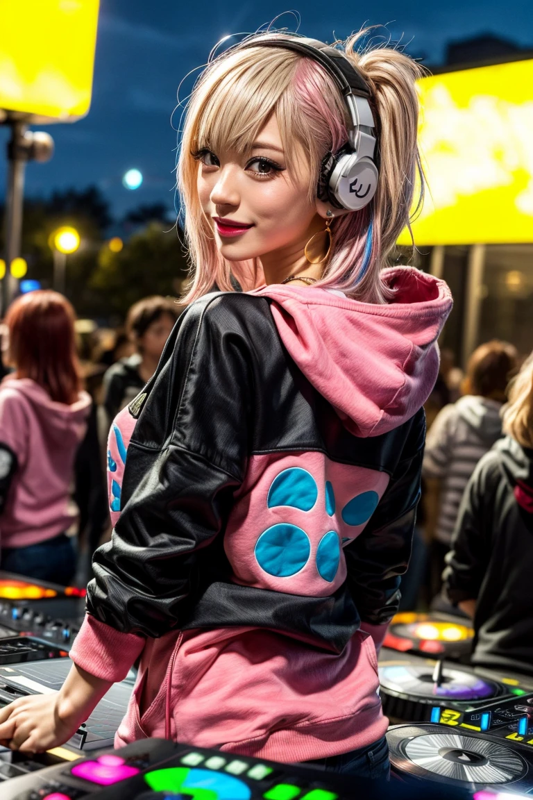 highest quality, Tabletop, 超A high resolution, (Realistic:1.4), (Japanese Idols),RAW Photos, One Girl, night,Detailed skin,nightclub,disco,(blonde:1.2), (Pink inner hair:1.3),Glossy lips,smile,21 years old,Beautiful and beautiful eyes,eye shadow,Diamond jewellery,Earrings,Gold Jewelry,(hoodies:1.3),,(Strengthening shoulders:1.2),A well-trained body,(Pixie Cut),Round face,(playing music as a DJ:1.5), (DJ:1.2) playing at a vibrant (music festival:1.2) with (energetic crowd:1.1) and (colorful stage lights:1.1), (from behind ),前を向いている