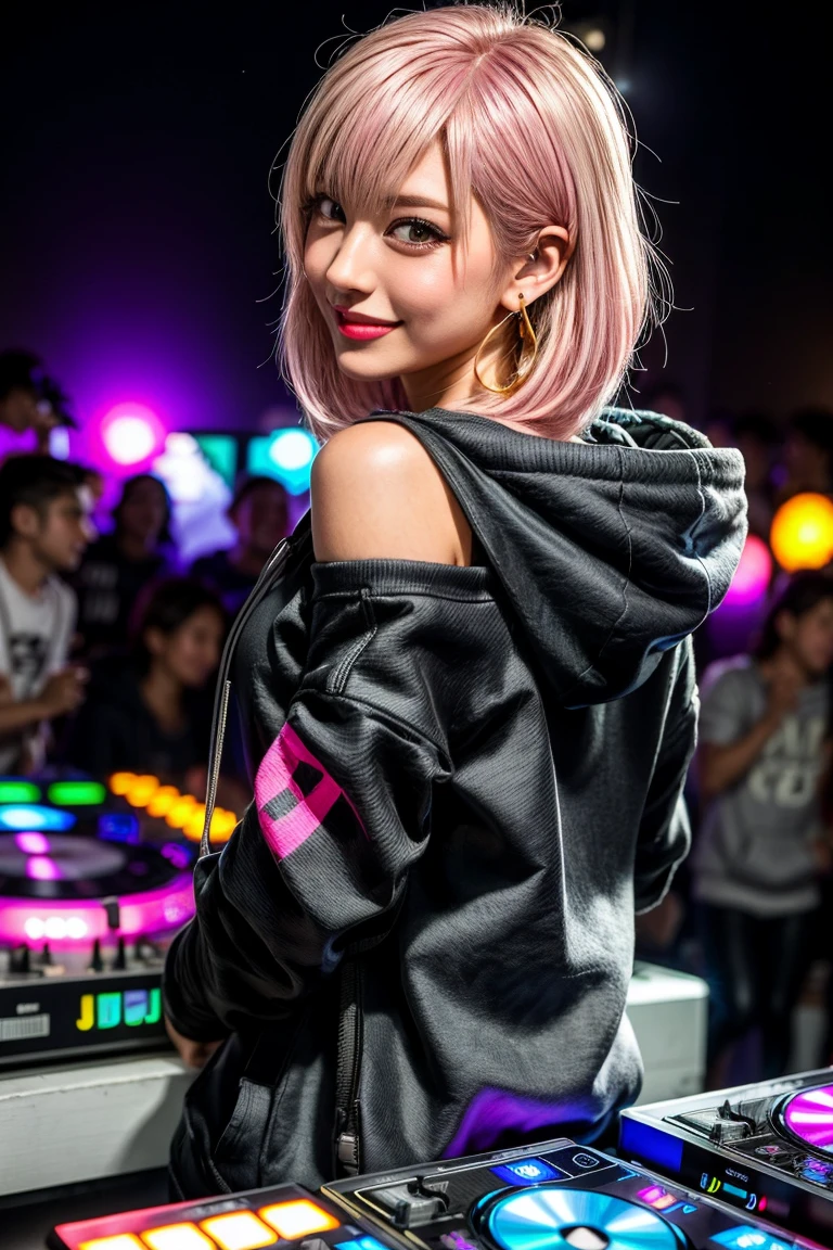 highest quality, Tabletop, 超A high resolution, (Realistic:1.4), (Japanese Idols),RAW Photos, One Girl, night,Detailed skin,nightclub,disco,(blonde:1.2), (Pink inner hair:1.3),Glossy lips,smile,21 years old,Beautiful and beautiful eyes,eye shadow,Diamond jewellery,Earrings,Gold Jewelry,(hoodies:1.3),,(Strengthening shoulders:1.2),A well-trained body,(Pixie Cut),Round face,(playing music as a DJ:1.5),  (DJ:1.2) playing at a vibrant (music festival:1.2) with (energetic crowd:1.1) and (colorful stage lights:1.1), (from behind ),前を向いている