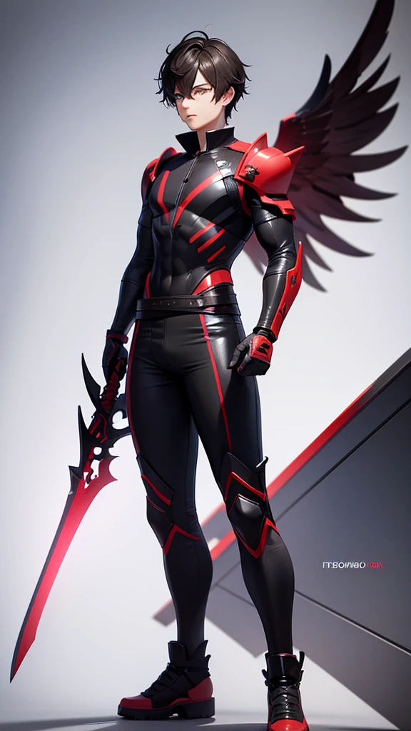3D anime boy, Full body, Short body, Big Head, Wearing a fighter dress Red Color, Black messy Hair, Holding a Sword, There a text "Dihyan" ,3D Rendered, High Detailed and resolution