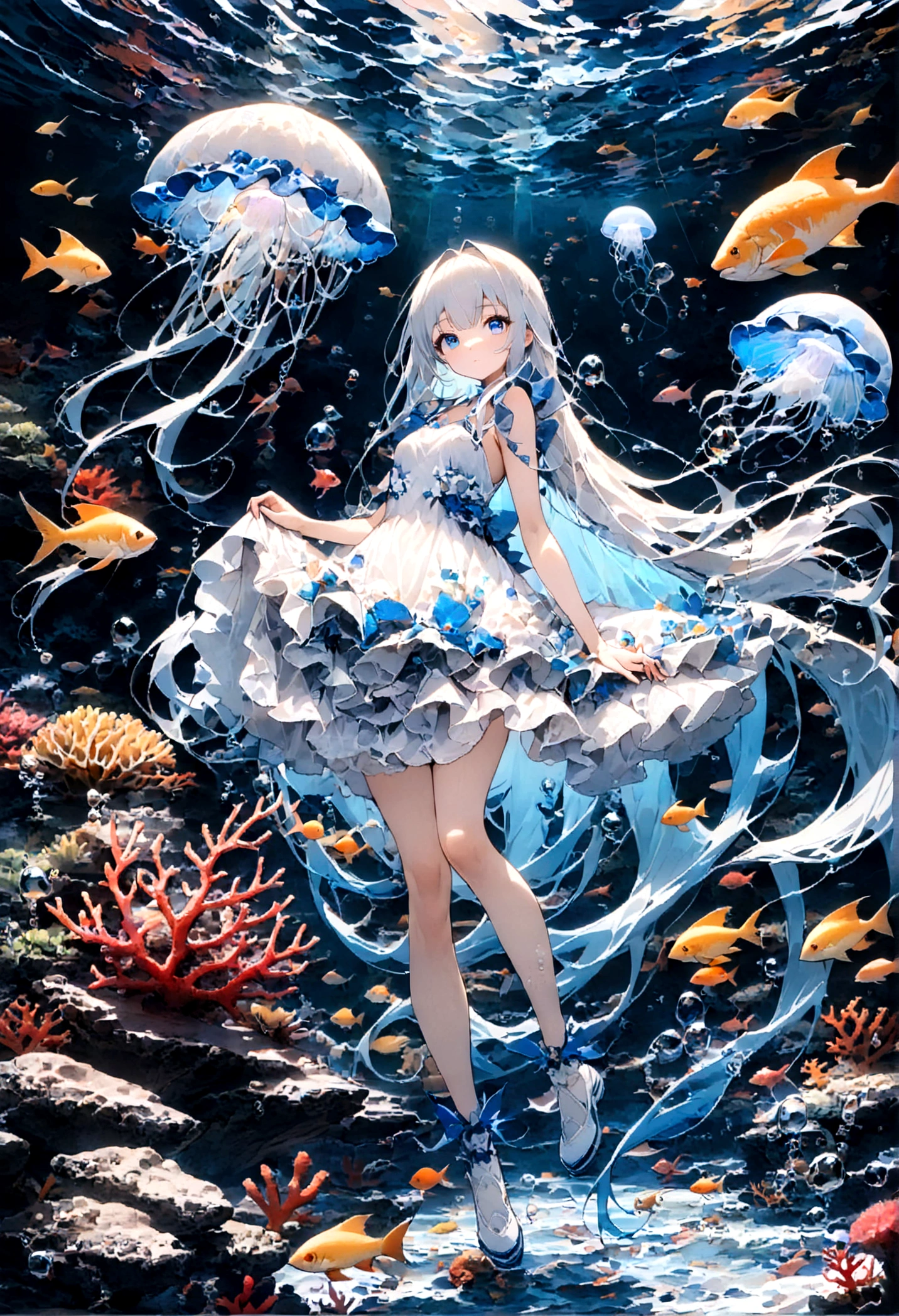 (muste piece), (best quality), very detailed, 1 girl, perfect face, (solo full body shot:1.3), very detailed顔，(white long hair:1.5)，(blue eyes:1.4)，(in water:1.4)，(white dress:1.5)，Ocean，coral reef，School of small fish，light，bubble，jellyfish，Ocean藻，(深Ocean:1.4)，fantasy，Ocean底，float