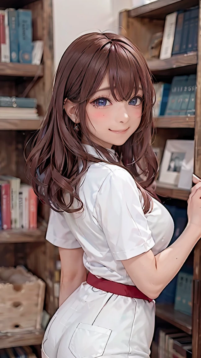((((highest quality)))), (((Ultra-precision CG 16K))), (((masterpiece))), (((Very detailed))), (((Extremely detailed))), (((Black outline:1.3, Written boundary depth:1.3 , Written soft outline))), Blur, Bokeh, Maximum clarity and sharpness,Multilayer Texture, Surface Shading, Cinematic lighting, Beautiful details sparkle ,Perfect Proportions, Limited to three woman, BREAK accurate, Anatomically correct, Highly detailed face and skin texture, drawn in detail, Highly detailed facial and skin texture, Detailed eyes, beautiful hair, Beautiful Japanese Idol face, Beautiful and beautiful eyes, Beautiful body, Beautiful breasts, Beautiful thighs, Beautiful legs, Beautiful fingers, (Beautiful views) , skinny body, ((Beautiful Skin)), ((Skin Texture)) BREAK breast enlarged, large Breasts, rocket breasts, slender waist, (blush, smiling:1.3,) BREAK (((oversized_shirt:1.3 , shirt untucked:1.3 , hot pants))) , wearing earrings, BREAK ((( stretch out forward to bookshelf , reach out the top bookshelf and pick up a book with left hand , leaning against a bookshelf, put right hand on the bookshelf , stick breast out))),(serious, from behind:1.3 , from below:1.3, low angle),