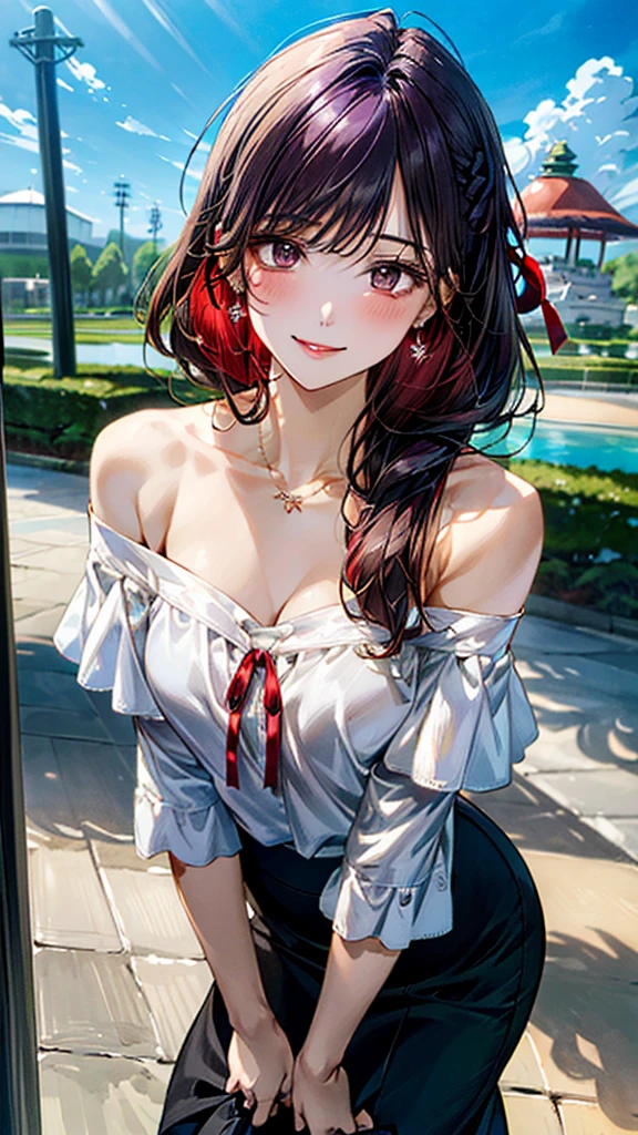 (masterpiece:1.3, Highest quality, Ultra-high resolution：1.2, Super detailed、8K), (Realistic, photoRealistic:1.4), Beautiful illustrations, Perfect lighting, colorful, Depth of written boundary, Beautiful detailed hair, Beautifully detailed face, Beautiful fine details, Droopy eyes、Beautiful clavicle, Beautiful body, 美しいLarge Breasts, Beautiful thighs, Beautiful feet, Beautiful fingers, View Viewer、Front view:0.6, Beauty1人, Japanese, Beauty、30 years old, Perfect Face, (Perfect Anatomy, Anatomically correct), Cute and symmetrical face, , , Shiny skin,(White off-the-shoulder blouse:1.4), (Long skirt:1.3) 、(Black pumps:1.3)、(deep purple hair, Red ribbon hair ornament、Medium Straight Hair:1.4), braided bangs、Dark brown eyes, (Large Breasts, Slim body), necklace, Small earrings:1.1, (Beautiful views), (evening), amusement park、(Hands raised)、 A soft smile、(Smile, Lips parted),