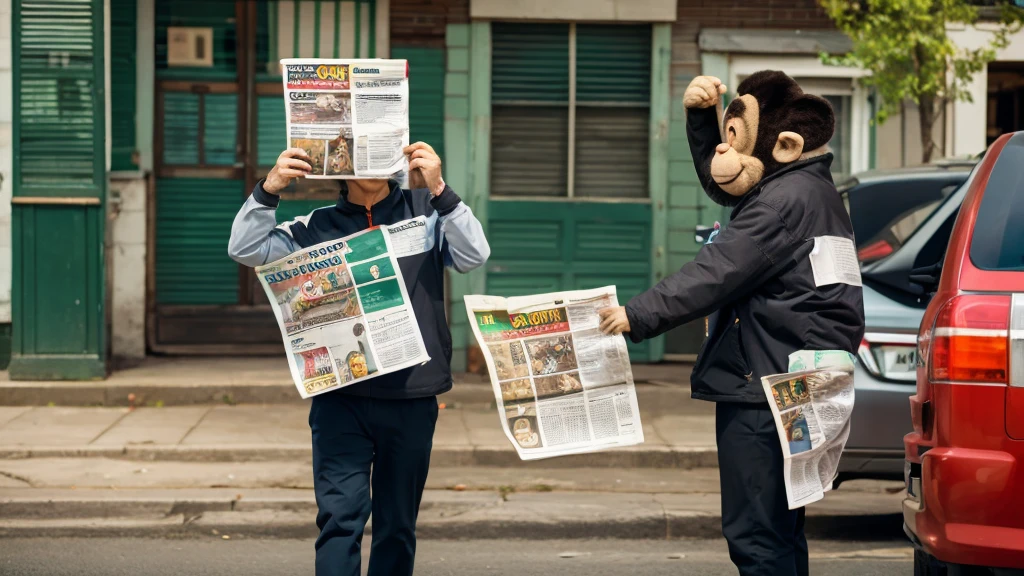 Monkey wearing newspapers. dancing