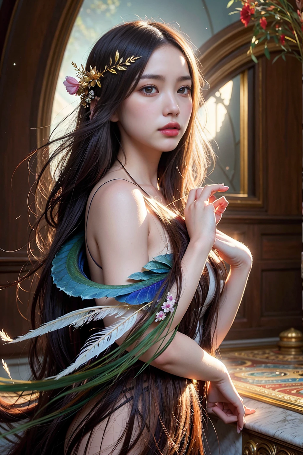 Fantasy art creation inspired by Anna Dittmann’s “The Oasis”, photorealistic fantasy queen, bathed in moody lighting, meticulous detailed shading, diverse brush strokes, rich textures, depth in hair and feathers, exquisite triadic color schemes, alluring and mysterious mood, negative space enhancing composition, ultra high definition for premium printing, digital painting with unique creative touches, captivating enchantment, Anna Dittmann style influence, volumetric lighting effects, cinematic masterpiece.