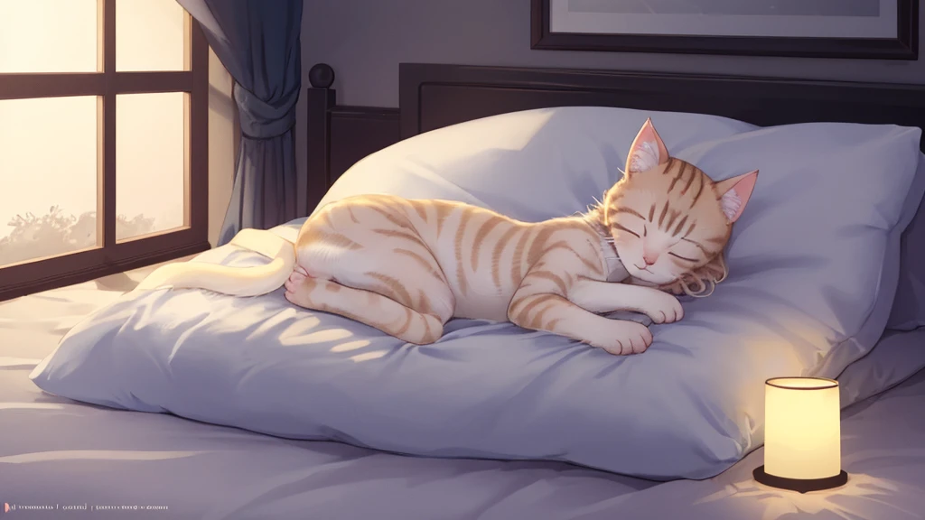 High quality, high resolution illustration of a single kitten sleeping on a bed at midnight. The kitten looks peaceful and content, with soft fur and a cozy atmosphere. The room is dimly lit, with a hint of moonlight filtering through the window, casting a gentle glow on the bed. The bed has comfortable, fluffy pillows and a warm blanket. No humans.