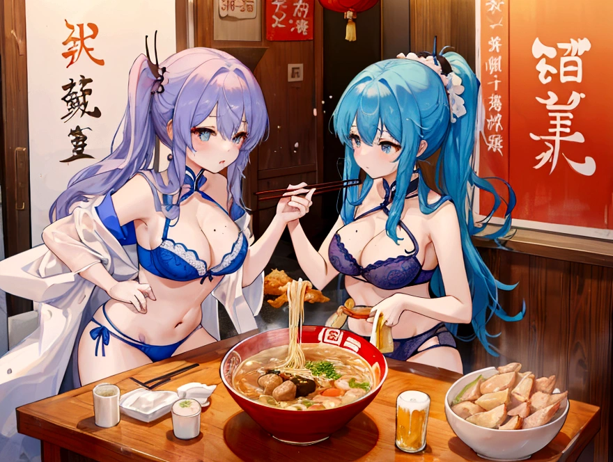 Two sisters in underwear eat Chinese food with gusto、Big boobs and small boobs、A thin cute blue bra、Thin cute blue underwear、Large size ramen、Large serving of fried rice、dumpling、Beer 、Fried Chicken、Salt Ramen