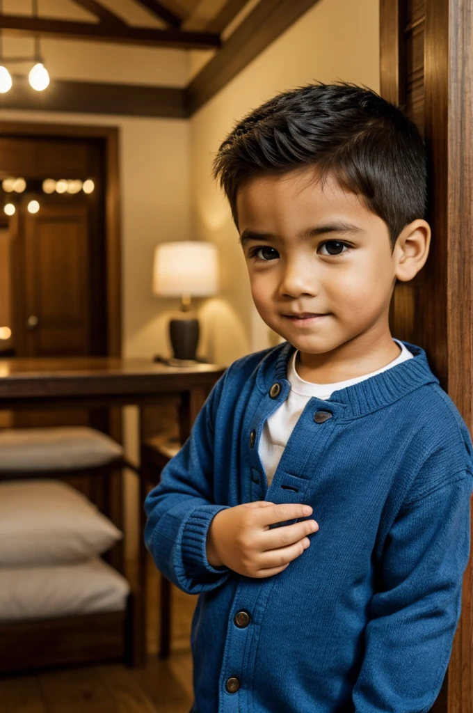 A small Muslim boy with a cheerful expression and wide open eyes, is sitting on the bed in cute sleepwear. In his hand, he held a large alarm clock with bright numbers. Around him, his bedroom was warm with blankets neatly folded in the corner of the bed. Soft morning light comes in from the window, creating a comfortable and evocative atmosphere in this moment of waking up, depicting joy and enthusiasm to start the day. very real, high resolution, 8k resolution, intricate details