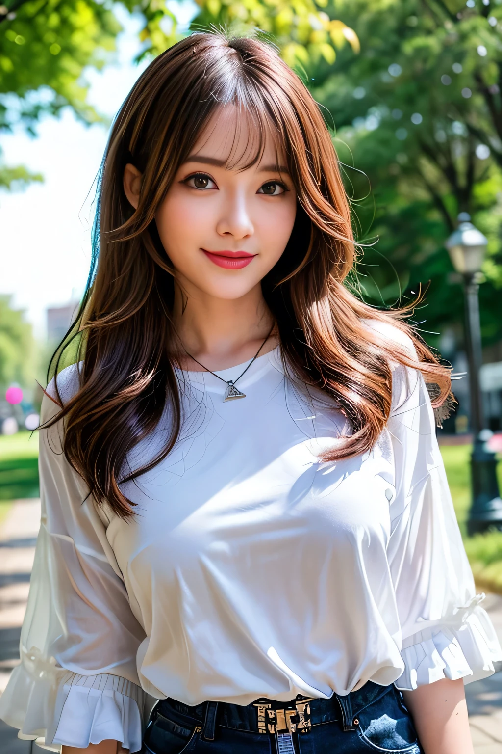 ((Full Body Angle))、((Front hair:1.2))、((Highest quality, 8K, masterpiece: 1.3)), concentrated: 1.2, Cute girl 1,Nipples erect、 Perfect beauty: 1.4,Cut and sewn T-shirt Raglan sleeve summer short sleeve T-shirt.Shorts: 1.2,Long sleeve、Randall Color、comics&Text Graphics、Black ruffle-trimmed drawstring zip blouse,1.1, Highly detailed face and skin textures, Fine grain, double eyelid, whitening skin, ,Highest quality,Ultra-high resolution,you,1 girl,alone,_Shiny_skin,Iris,necklace,((brown_length_Wavy_hair)),(lips)),eyelash,Front hair,deal with,compensate,Shiny,pore,skin,Large Breasts、((smiling face))、Walking in the park、walk、