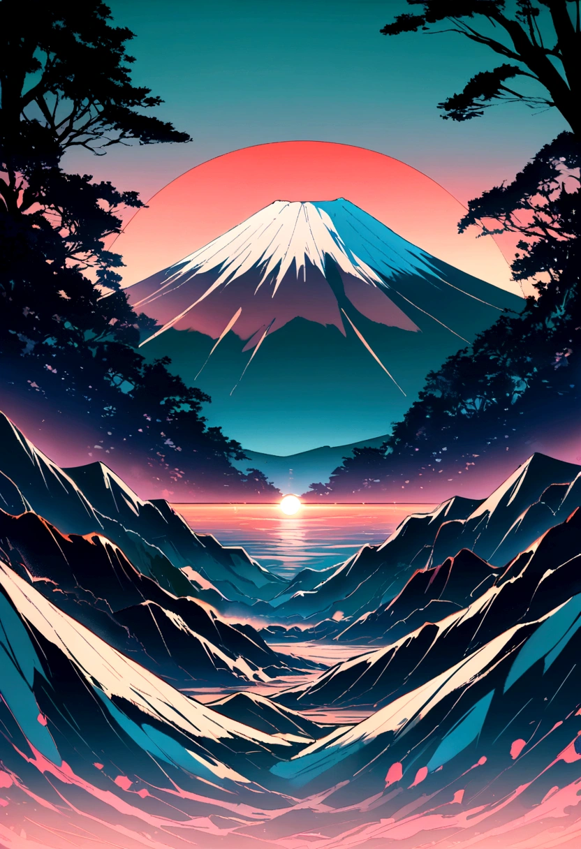 mount. Mount Fuji can be seen at sunrise beyond Enoshima.Dark green gradation in the center of the image
