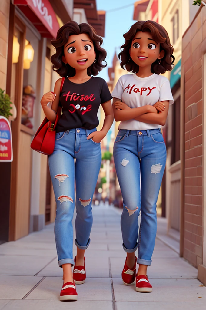 disney pixar style, 3d realistic photo, 40 year old woman, light brown skin, curly dark brown shoulder length hair, black eyes, happy facial expression, with white shirt written in red "Rizan Store", jeans and red shoes