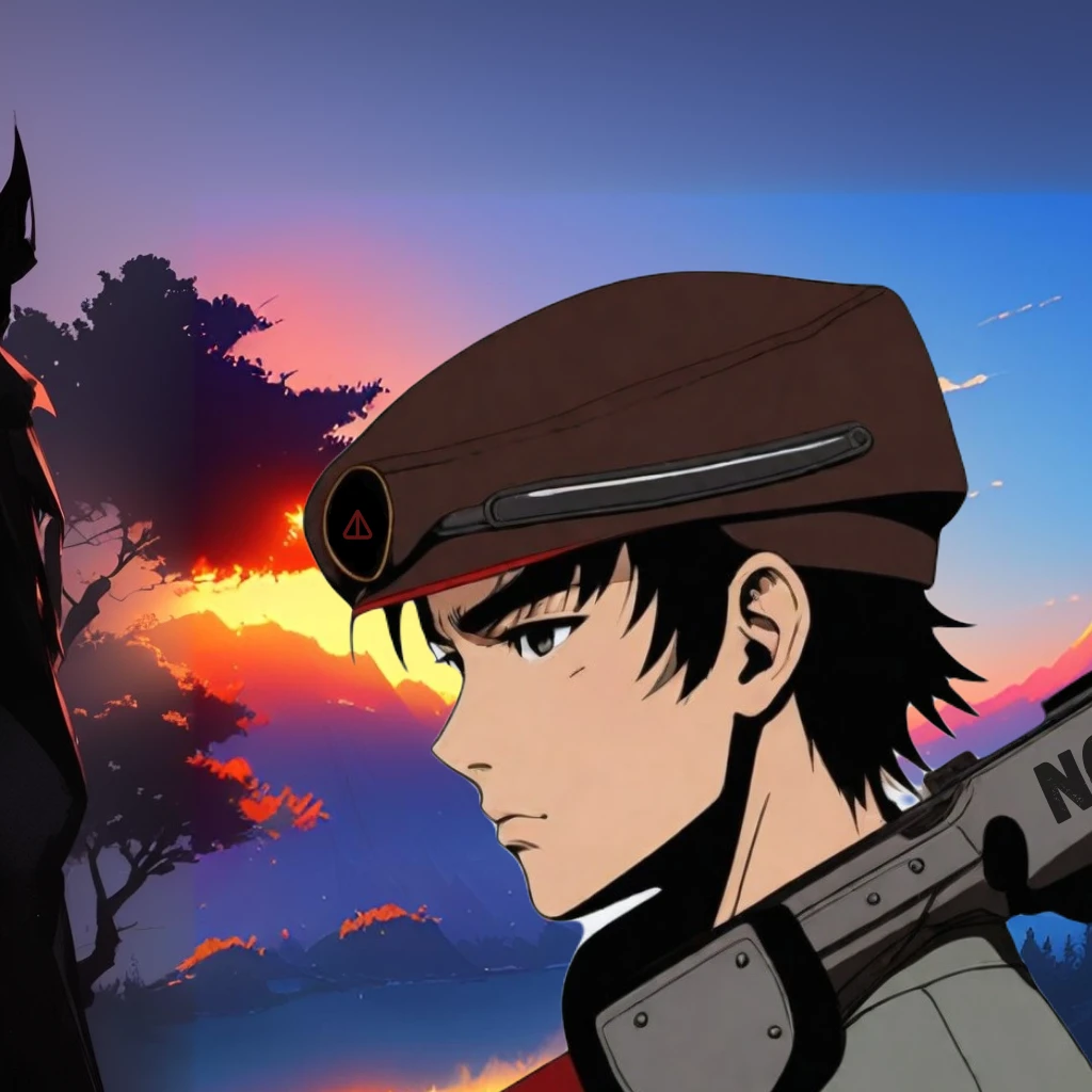 personnage d'anime avec une arme à feu et un chapeau sur un champ, style de film d'animation de la ligne rouge, Makoto Shinkai ( légendes du sommet ), Portrait de Lain Iwakura, makoto, déclencher le style artistique d'anime, le voyage du cinéma, anime film fixe anime shikishi, Makoto Shinka, tir de mitrailleuse anime, inspiré de Yoshihiko Wada, makoto kano