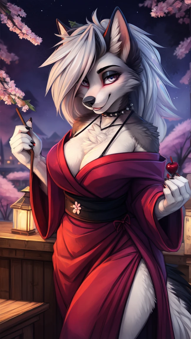 by kenket, Ross Tran, ruan jia, zaush, foxovh, by Zackary911, by hyattlen, by teranen, by fumiko, by Pixelsketcher, by fluff-kevlar, bye r-mk, by Dimwitdog, Furry, Anthro, (oiran), ((prostitute)), (luxurious off-shoulder kimono), (loona), helluva boss, hellhound, kemono, (huge breasts), long (elegant) white hair, hourglass body, revealing outfit, seductive, looking at viewer, traditional japanese, magic fantasy, (mature), milf, tall, curvy, outdoors, cherry blossoms, nighttime, cleavage, tugging on own clothes, (red sclera), light blue iris, geisha hair ornament, detailed plum blossoms on kimono, holding skewer with dango in hand,