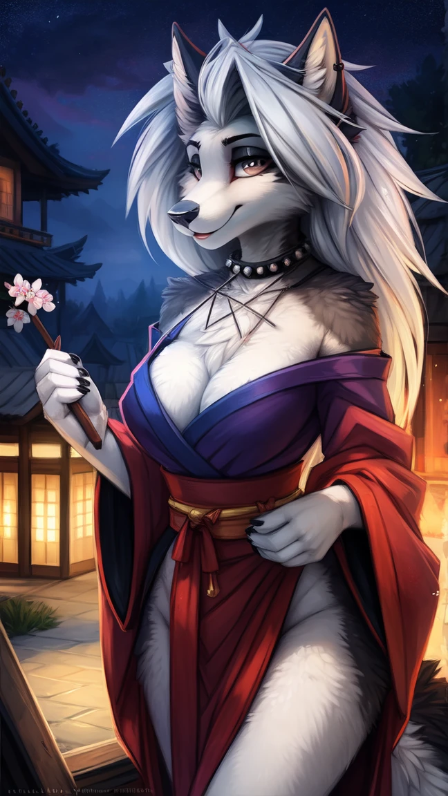 by kenket, Ross Tran, ruan jia, zaush, foxovh, by Zackary911, by hyattlen, by teranen, by fumiko, by Pixelsketcher, by fluff-kevlar, bye r-mk, by Dimwitdog, Furry, Anthro, (oiran), ((prostitute)), (luxurious off-shoulder kimono), (loona), helluva boss, hellhound, kemono, (huge breasts), long (elegant) white hair, hourglass body, revealing outfit, seductive, looking at viewer, traditional japanese, magic fantasy, (mature), milf, tall, curvy, outdoors, cherry blossoms, nighttime, cleavage, tugging on own clothes, (red sclera), light blue iris, geisha hair ornament, detailed plum blossoms on kimono, holding skewer with dango in hand,