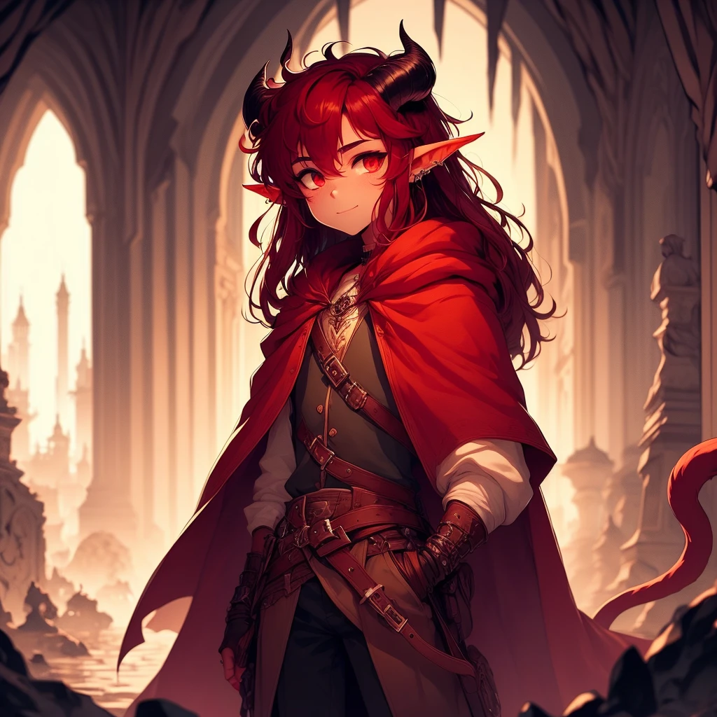 one young 14 year old tiefling boy, detailed face, detailed clothing, red skin, long black hair, small horns, cat-like eyes, pointed tail, pointed ears, fantasy, digital art, cinematic lighting, highly detailed, 8k, photorealistic, award winning, intricate, masterpiece, evil smile