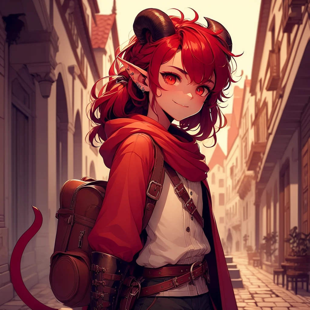 one young 14 year old tiefling boy, detailed face, detailed clothing, red skin, long black hair, small horns, cat-like eyes, pointed tail, pointed ears, fantasy, digital art, cinematic lighting, highly detailed, 8k, photorealistic, award winning, intricate, masterpiece, evil smile