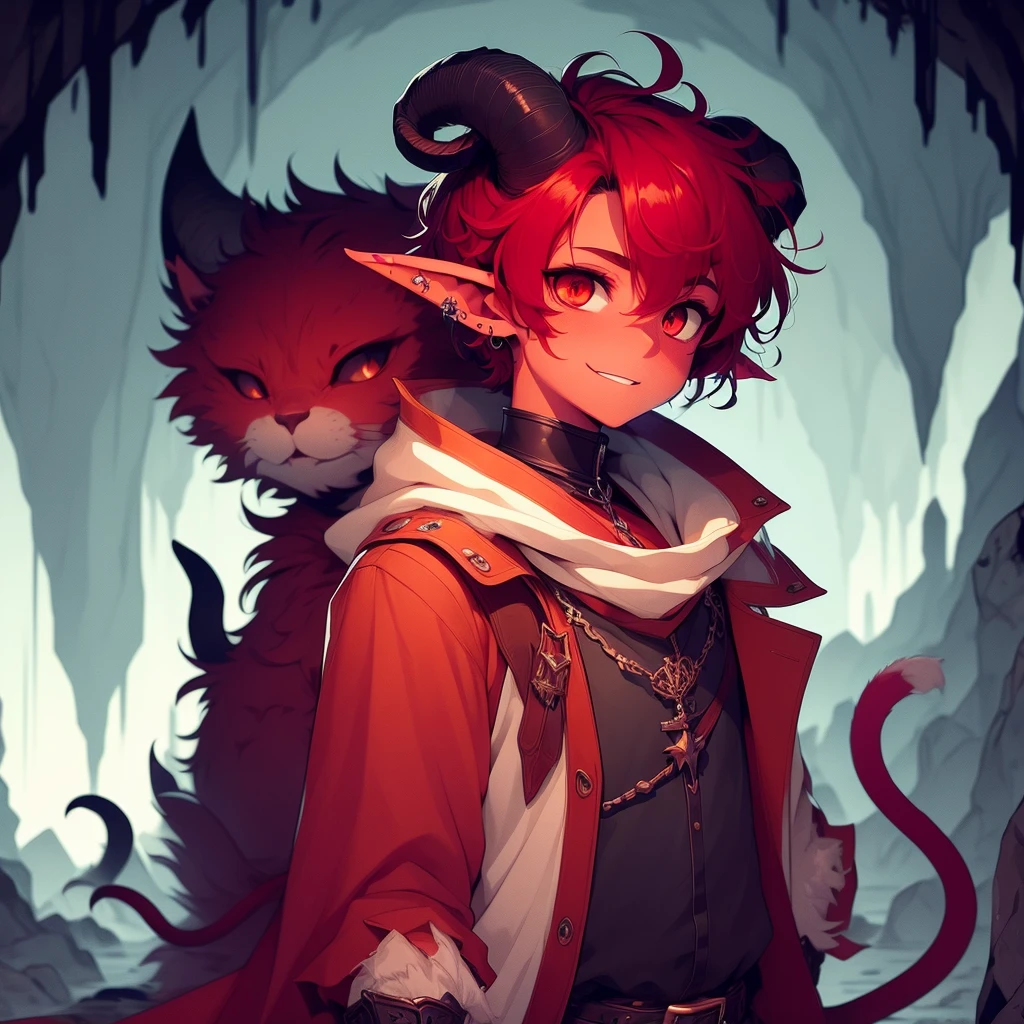 one young 14 year old tiefling boy, detailed face, detailed clothing, red skin, long black hair, small horns, cat-like eyes, pointed tail, pointed ears, fantasy, digital art, cinematic lighting, highly detailed, 8k, photorealistic, award winning, intricate, masterpiece, evil smile