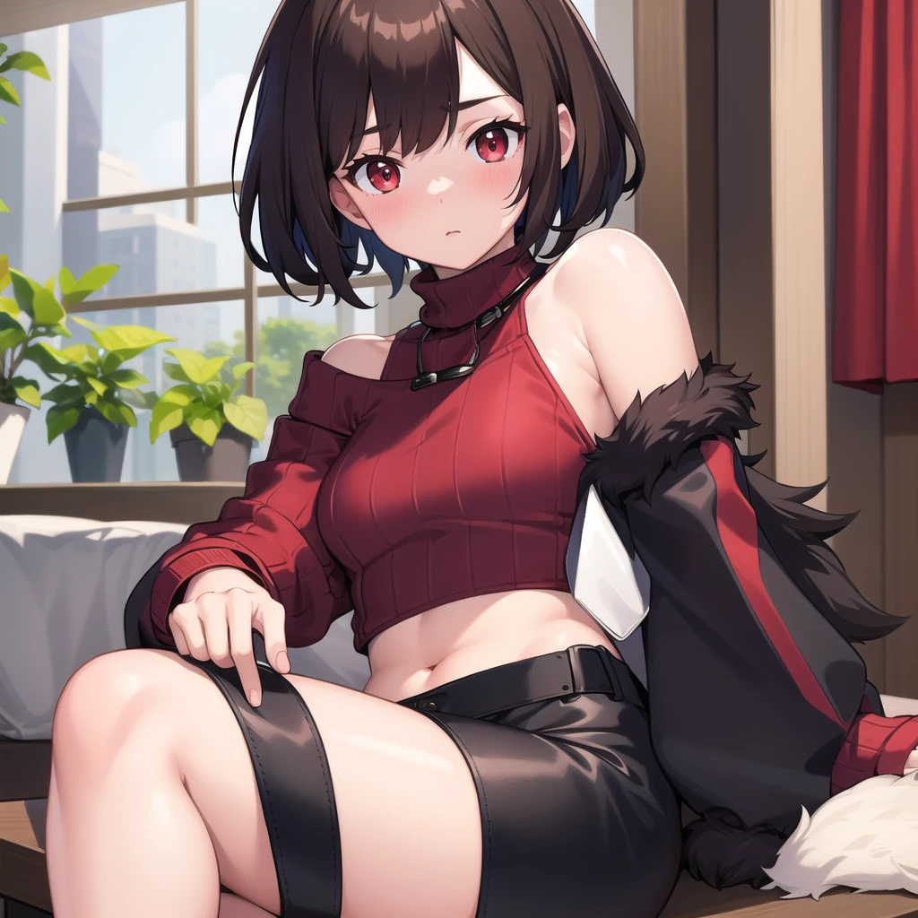 (masterpiece, best quality), charaSF, 1girl, solo, short hair, brown hair, red eyes, collar, black jacket, off shoulder, fur trim, red sweater, ribbed sweater, turtleneck, shoulder cutout, long sleeves, black shorts, blush, portrait