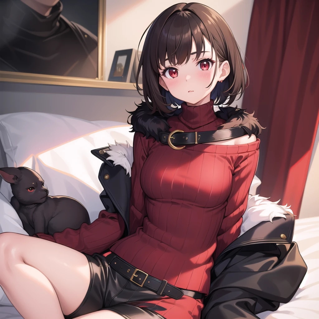 (masterpiece, best quality), charaSF, 1girl, solo, short hair, brown hair, red eyes, collar, black jacket, off shoulder, fur trim, red sweater, ribbed sweater, turtleneck, shoulder cutout, long sleeves, black shorts, blush, portrait