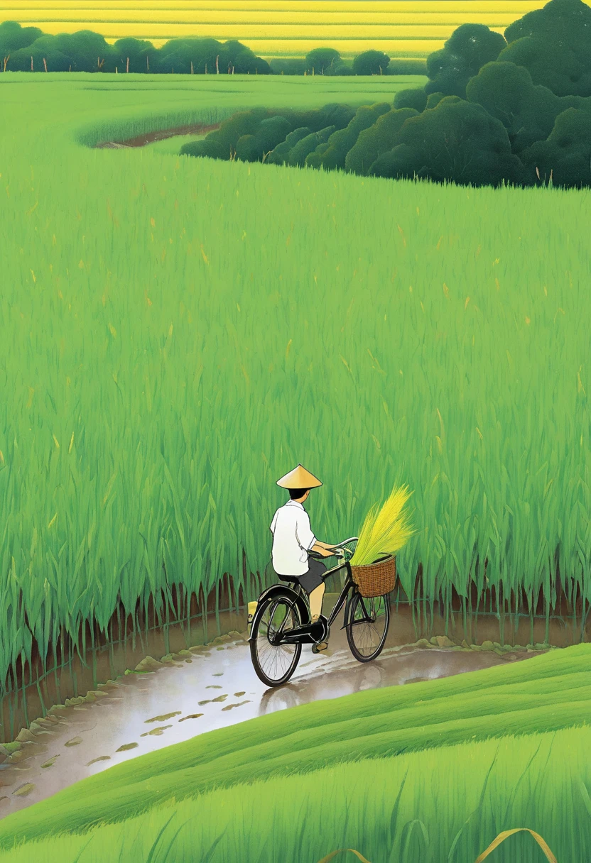 A beautiful illustration, Endless rice fields, half yellow half green, a boy riding a bicycle, Will Barnett (Will Barnet) modeling, Attached are 50D movie stills, Idyllic, Rural, panoramic,
