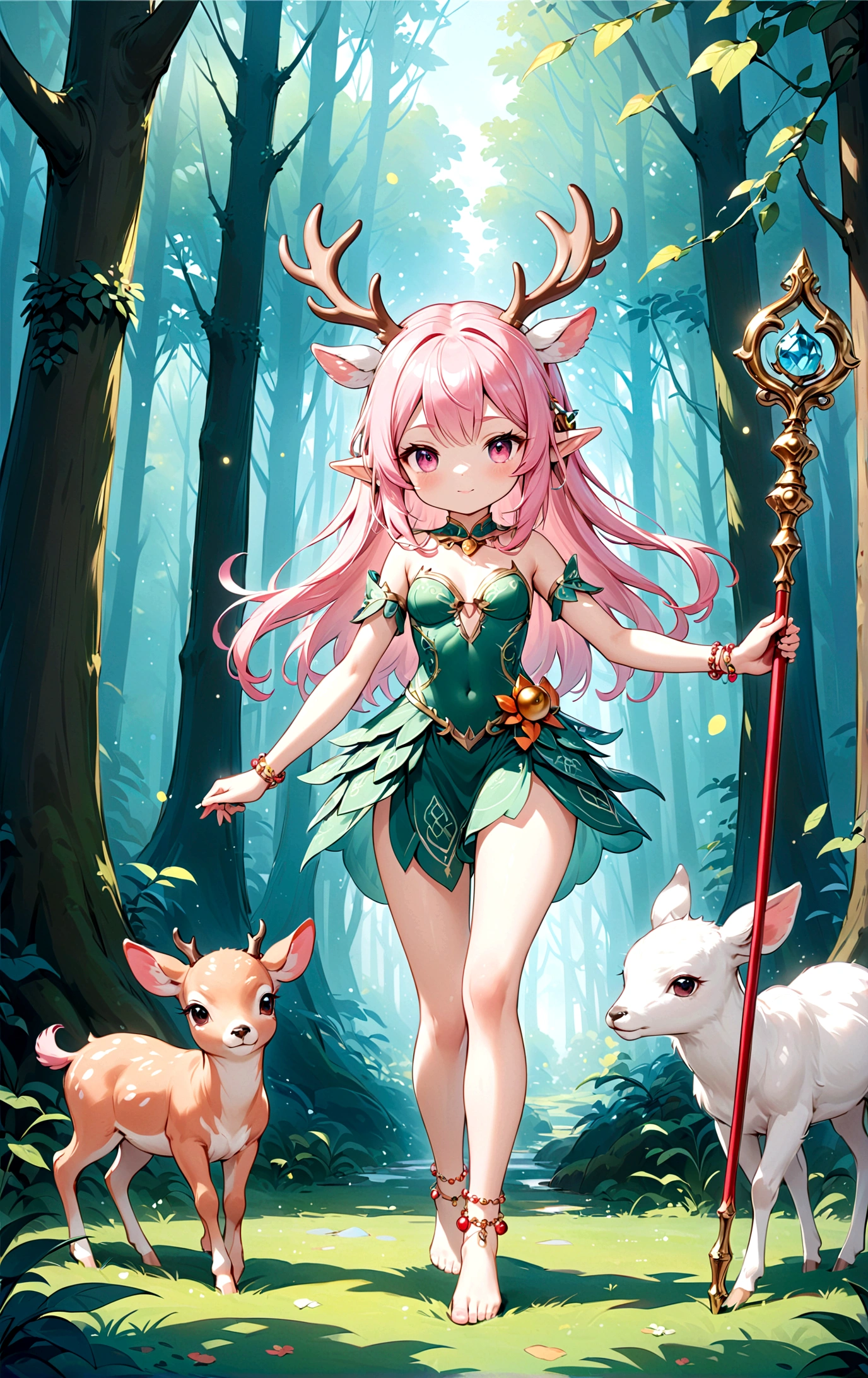 game character,Cartoon anime style,beautiful girl,Cute expression,Fluffy pink hair,Pink Eyes,Cute pink deer antlers,Elf ears,Orange tulle short skirt,Metal gem-encrusted scepter glows,Slender legs,Standing barefoot,Bells on anklets。(((Correct human anatomy))),In the magic forest,A cute white deer