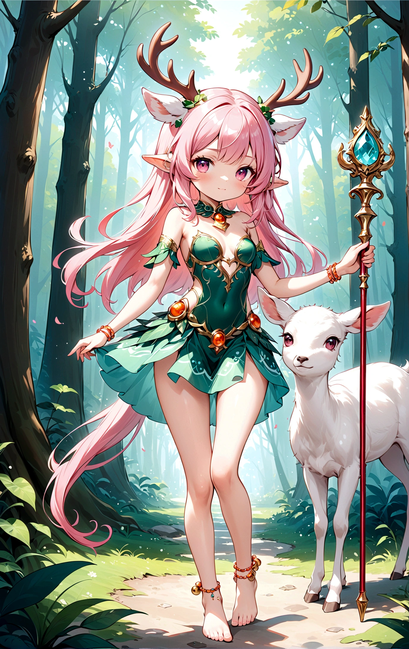 game character,Cartoon anime style,beautiful girl,Cute expression,Fluffy pink hair,Pink Eyes,Cute pink deer antlers,Elf ears,Orange tulle short skirt,Metal gem-encrusted scepter glows,Slender legs,Standing barefoot,Bells on anklets。(((Correct human anatomy))),In the magic forest,A cute white deer