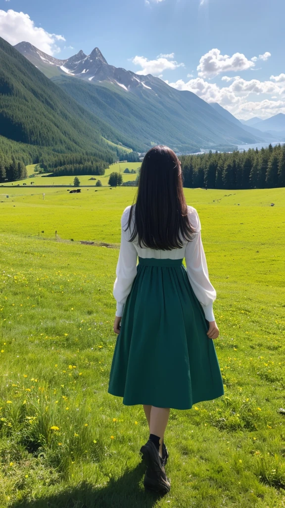 A girl from behind is standing.
With a brave look, She guides them to their destination..
Blake behind her, The green forest spreads、Beyond that, Mountains in the distance々stands tall.
Break: The best effect for this scene is、It is a watercolor technique that captures the softness of the meadow and the fluidity of movement.。.