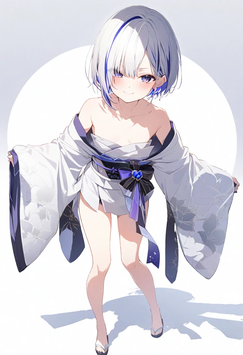 (masterpiece), (best quality), perfect face, beautiful girl, white background background, delicate and beautiful face and eyes, dark intense shadow,
1 girl, vtuber style, cool girl, hololive, amane kanata, streaked hair, short hair, kimono, small chest, clavicle, winking, smile, (full body), looking at viewer, standing,