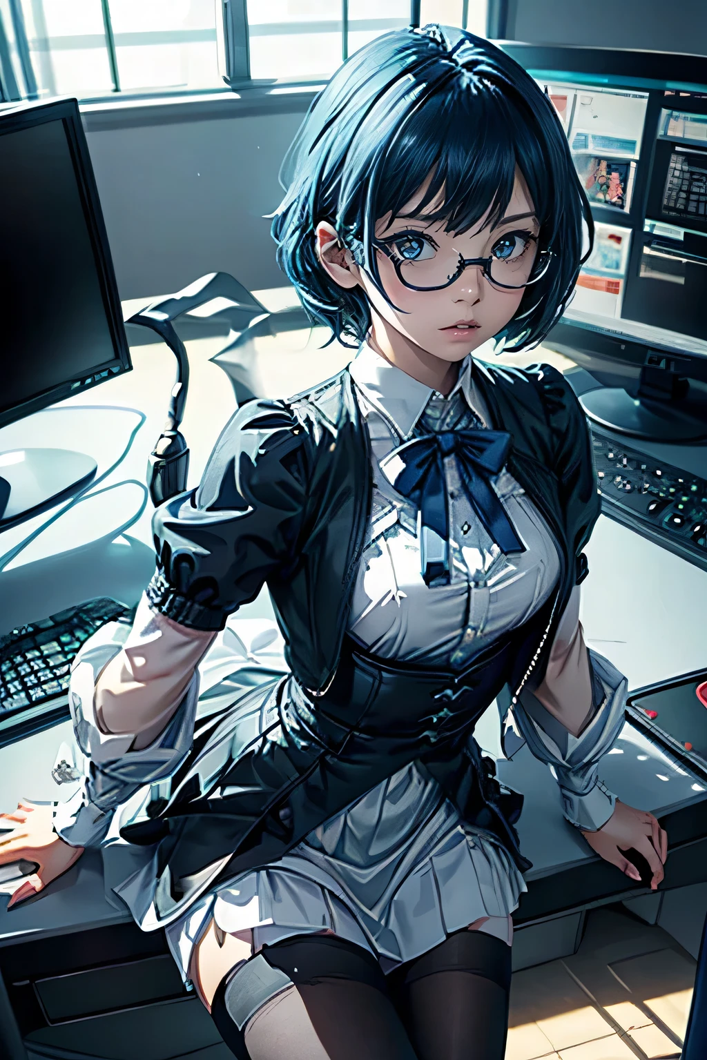 One girl, Lilaeville, Blue Hair, blue eyes, short hair, Black capelet, skirt, White Pantyhose, Blue Devil Wings, Blue glasses, For the mini,, indoor, Retreat, Multiple Computer Monitors, phantom thief Retreat,, ,