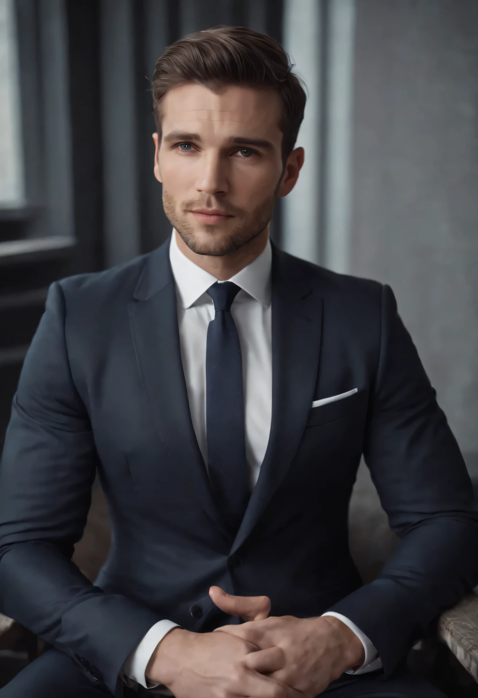Attractive 30 year old man wearing Hugo Boss business suit, full body shot