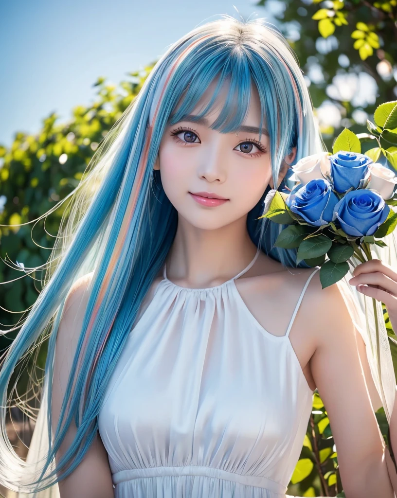 (Highest quality, 32k, High resolution, Masterpiece:1.5, ), marimo_jet, god々A photograph with brilliant dazzling and healing power., Evoking a sense of calm and elusive beauty, Expressing emotions, Have a rich imagination,Beautiful Japanese Girls, An exceptionally beautiful face, Small Face Beauty, ((Low - Angle:1.2)), Perfect Human Anatomy, Magical big eyes, Motherhood and generosity, Deep Love, A fleeting smile, ((Shiny light blue hair:1.1)), ((Super Long Straight Silk Hair)), Flower Hair Ornaments, Asymmetrical bangs, Hair between the eyes, Transparent, soft white skin, Sharp eyebrows, Thin lashes, Natural Makeup, Cheek highlighter, Pale pink detailed lips, , ((White dress:1.2)), ((Holding a bouquet of blue roses in both hands:1.2)), High resolutionの完璧な鎖骨, High resolutionの美しい胸元, Slim figure with ample breasts, High resolutionの美しい太もも, ((Detailed blue sky background:1.3)), ((Beautiful detailed rainbow:1.1)), Dazzling sunlight, Backlight, Professional Lighting, Professional photographer, Professional models, god秘的