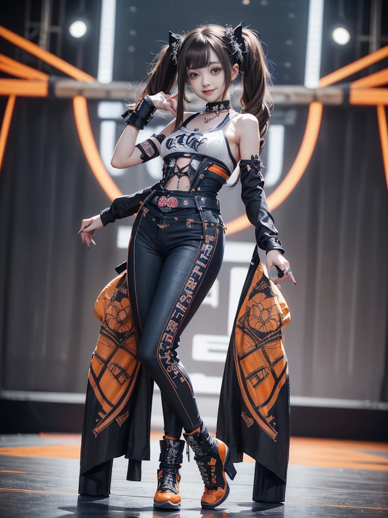 (Full Body View:1.5)、(lotus position:1.4)、(Smiling with teeth showing:1.3),(Shibuya Gal:1.5)、(Gothic Lolita style fashion:1.5)、(Punk RockVisual Kei:1.5)、(Wearing a rhythmic gymnastics bodysuit with intricate details:1.4)、(Racing suit and pants with delicate white, denim and orange decorations:1.5)、(Denim and orange and white boots:1.3)、((belt))、(Numerous delicate logo marks all over the costume:1.4)、(collar:1.3)、(Striped underwear:1.5)、20-year-old、NSFW、((Highest quality、In 8K、masterpiece:1.3))、Sharp focus:1.2、(Layered Cut、Huge boobs:1.1),Beautiful woman with perfect figure:1.4、(Dancing vigorously:1.3)、Slender Abs:1.2、Highly detailed face and skin texture、Detailed eyes、double eyelid,(Twin tails:1.3)、(Brown Hair:1.3)、Gravure idol、(The background is the stage of the fashion show:1.3)、(Slim body:1.3),(Make your legs thinner:1.4),（clavicle:1.1）、(Thin and slim thighs:1.3)