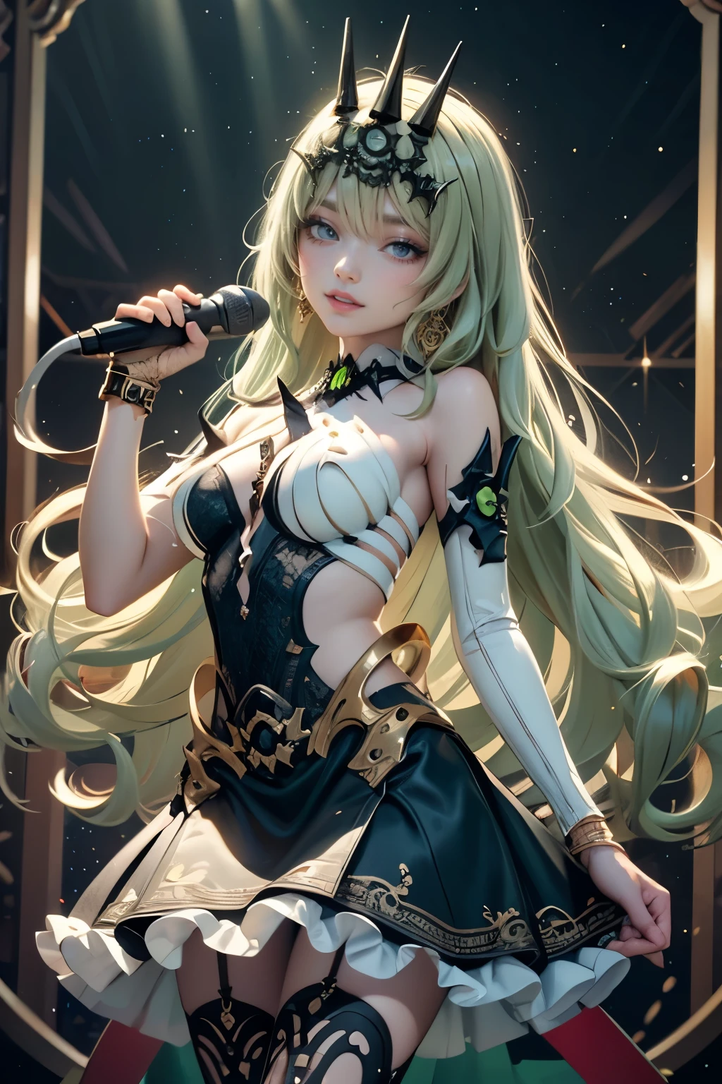 Mobius_(honkai impact 3rd), ornament hair, crown, perfectly body, perfectly hands, wave hair, green hair, long hair, green eyes, black dress, more details on her clothes, black dress with gold details, night, ornament hair, long hair, 1 girl, Looking at the audience, on the stage holding a microphone,  flowing hair, Beautiful Eyes, Plump and glossy lips, Idol, dress with too many frills, black dress, white laces, black Short skirt, Drape clothes, green gem, Lace trim, bright stage, luxury gold details, gold jewelry, more details, best quality, Big sparkling eyes, blushing, Striped Lace Stockings, black Lolita skirt, sparkle, solo, centered girl, cowboy shot, perfectly body, perfectly hands, two arms, two legs, two hands, five fingers, perfect anatomy, glowing hair, white roses, 1girl, dress, solo, flowing hair, floating hair, ornament hair, perfectly body, perfectly hands, on the stage, sparkles, more details on her clothes, dress with transparency, golden details on her dress, night, holding a microphone, ((4k, masterpiece, top-quality)), 8k, best quality, high resolution, UHD, (illustration:0.8), super cute girl, delicate and beautiful face, mature girl, super cute hairstyle, (beautiful detailed eyes:1.6), extremely detailed face, perfect lighting, extremely detailed CG, (perfect hands, perfect anatomy), Best quality 