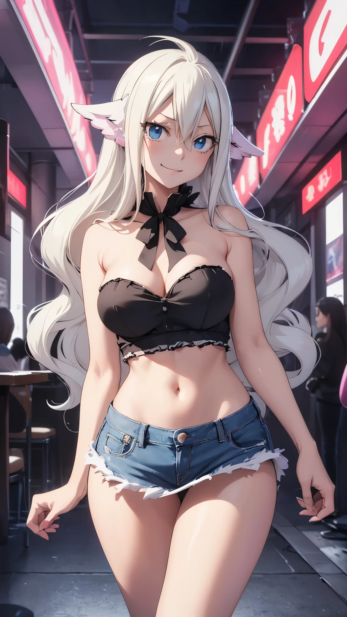 (best quality,highres:1.2),ultra-detailed,realistic,photorealistic:1.37,a beautiful girl (Mavis Vermillion from Fairy Tail) model in the image of a charming sexy Succubus with small tail,,long legs,medium breasts,extremely detailed face (with emphasis on azure eyes and she smile),Her white-colored hair falls to her shoulders.She is dressed in short black denim miniskirt and a very short black top (very shabby and torn in places),bent down, lifting her ass to the top,more sexy pose,illustration,colorful pop up art style,dynamic lighting,neon colors. Tunders on a fon. Nsfw