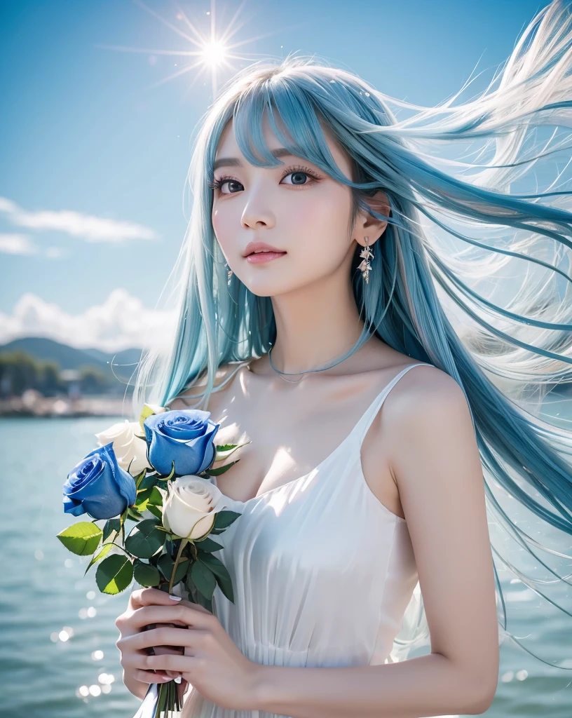 (Highest quality, 32k, High resolution, Masterpiece:1.5, ), marimo_jet, god々A photograph with brilliant dazzling and healing power., Evoking a sense of calm and elusive beauty, Expressing emotions, Have a rich imagination,Beautiful Japanese Girls, An exceptionally beautiful face, Small Face Beauty, ((Low - Angle:1.2)), Perfect Human Anatomy, Magical big eyes, Motherhood and generosity, Deep Love, A fleeting smile, ((Shiny light blue hair:1.1)), ((Super Long Straight Silk Hair)), Flower Hair Ornaments, Asymmetrical bangs, Hair between the eyes, Transparent, soft white skin, Sharp eyebrows, Thin lashes, Natural Makeup, Cheek highlighter, Pale pink detailed lips, , ((White dress:1.2)), ((Holding a bouquet of blue roses in both hands:1.2)), High resolutionの完璧な鎖骨, High resolutionの美しい胸元, Slim figure with ample breasts, High resolutionの美しい太もも, ((Detailed blue sky background:1.3)), Dazzling sunlight, Backlight, Professional Lighting, Professional photographer, Professional models, god秘的