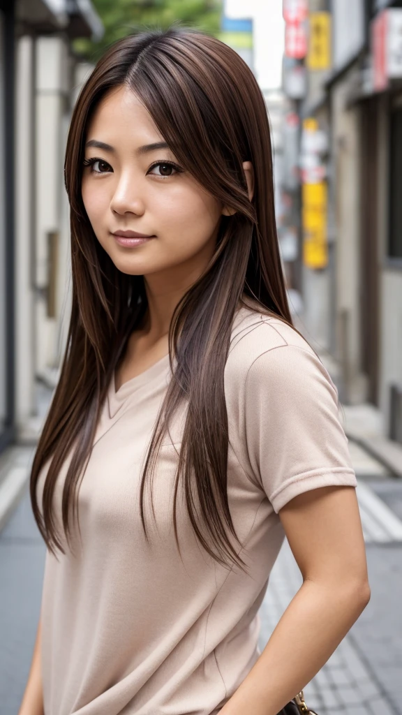 Female, 30s, Japanese, brown hair, brown eyes, friendly impression, casual clothing, face with prominent lines, fine lines beginning to show, upper body in focus.