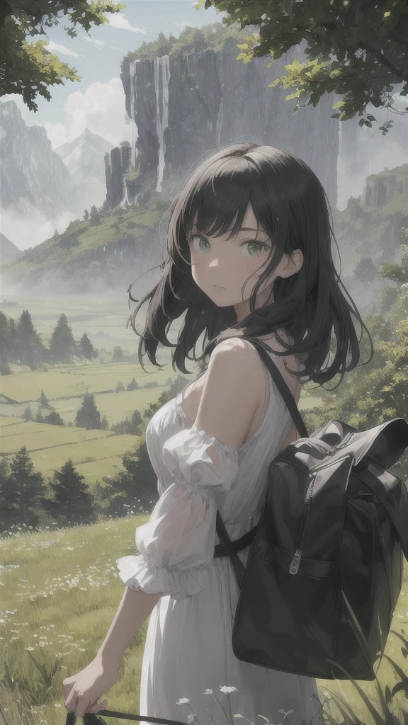 The girl in the back turns to face me with a brave expression., She guides them to their destination..
Blake behind her, The green forest spreads、Beyond that, Mountains in the distance々stands tall.
Break: The best effect for this scene is、It is a watercolor technique that captures the softness of the meadow and the fluidity of movement.。.