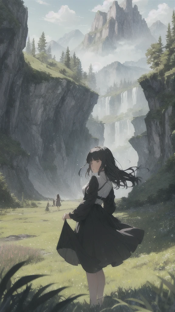 The girl in the back turns to face me with a brave expression., She guides them to their destination..
Blake behind her, The green forest spreads、Beyond that, Mountains in the distance々stands tall.
Break: The best effect for this scene is、It is a watercolor technique that captures the softness of the meadow and the fluidity of movement.。.