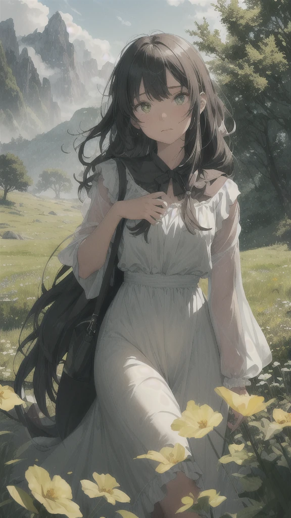 The girl in the back turns to face me with a brave expression., She guides them to their destination..
Blake behind her, The green forest spreads、Beyond that, Mountains in the distance々stands tall.
Break: The best effect for this scene is、It is a watercolor technique that captures the softness of the meadow and the fluidity of movement.。.