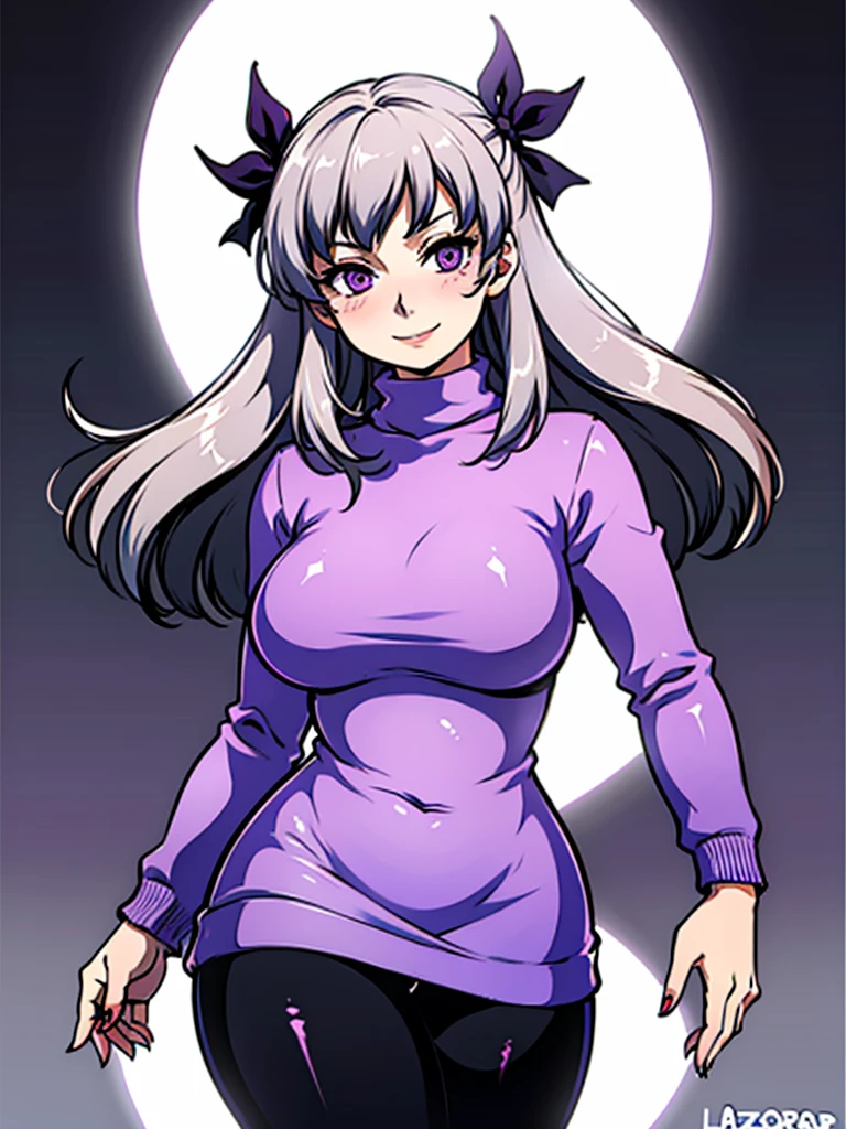 high_aesthetic,art by Lazorchef, ((Masterpiece, best quality, perfect lighting, amazing shading)), perfect anatomy, field of depth, extremely beautiful, long silver hair, hair ribbons, purple eyes, turtleneck sweater, tights, cute smile, (curvy), blushing, (cowboy shot), (elegant pose), simple background