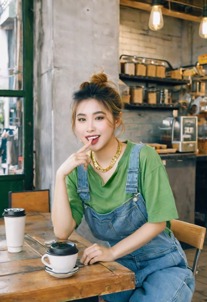 a young Indonesian woman. biting his finger, wearing a green shirt, overalls, gold necklace, French twist hairstyle. chubby. sitting on the table. industrial coffee shop as background