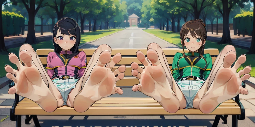 Anime girl sitting on a chair with Big Feet and pink shirt, Huge Art, Foot Art subjective, Detailed feet POV, Big Feet, Foot pose, Tifa, Foot Art, !!Very detailed!!, Her slender legs will overwhelm you., Naughty anime style, High Sole, High Resolution Rates、barefoot、only, Sweaty Feet, mashin sentai kiramager, Kiramei Pink, Kiramei Green, onlyの拡大図,onlyを露出させる, 2 girls, Embarrassed look