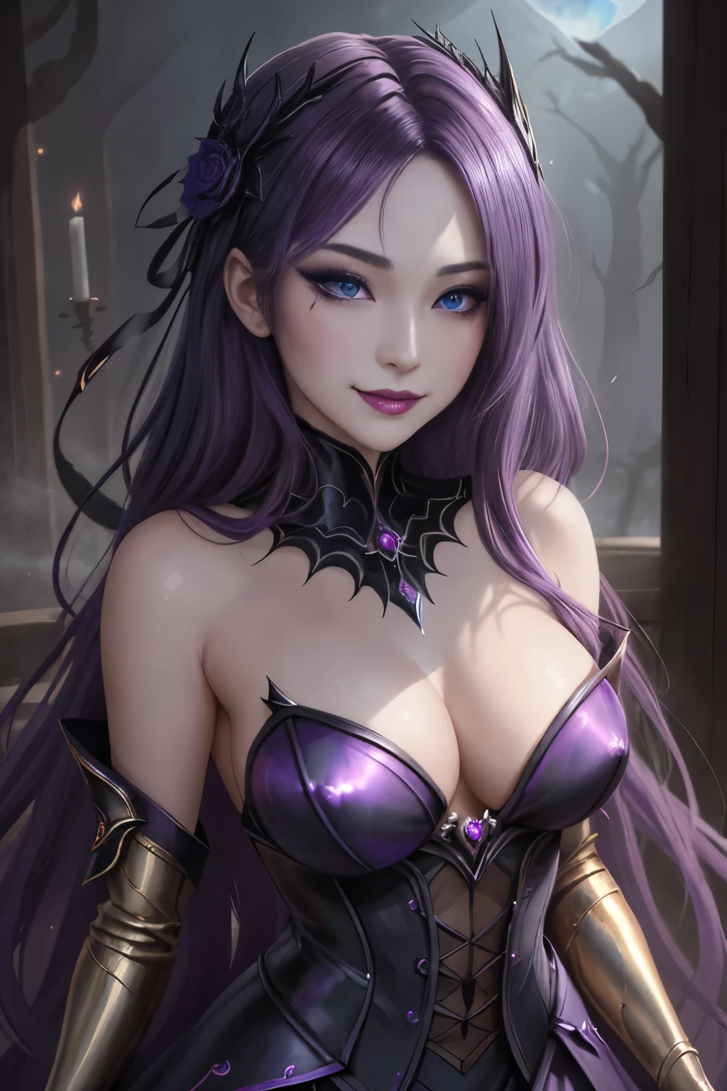 強力なスーパーevil女がクローズアップでポーズをとる, Black Goddess (Bare shoulders), length, Flowing purple hair, View your viewers, Highly detailed face, Perfect hands, Blue smoke swirling around her, evil事を愛する, Captivating blue eyes, Dark fantasy, , realistic girl rendering, 8k artistic german bokeh, Enchanting girl, Real Girls, Gurwitz, Gurwitz-style artwork, Girl Roleplay, Realistic 3D style, cgstation Popular Topics,, 8K Portrait Rendering,(truth,truth:1.4)、Genuine, Symmetric, High detail, Esoteric arachnids lady, Spider Queen Elise, League of Legends, Esoteric arachnids, Combat Stance, ( The body is made with liquid metallic paints in metallic mauve and metallic black.....、It beautifully depicts the female form.....。), length, Sharp Fangs, nature, ((Complex metallic colors in the foreground)), (( Fluid Mechanics, The most beautiful smooth scale face makeup, Smirking expression)) - Dark blood, Onyxia、Noir painting of a beautiful young witch, length purple hair, dark purple lips, evil, evil女, smile, Black Prom Dress, She is coming to you, close, Bright Blue Eyes, Surrounded by swirling pink smoke, Genuine, High detail, Highest quality