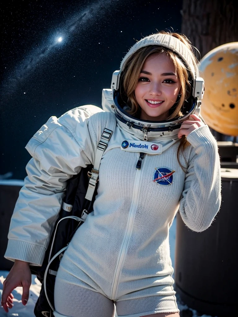 (smile)、(((Staring at the audience)))、((Wearing a space suit standing on the moon)),((White bikini shorts))、(((Spacewalk)))、wear spacesuits, 白いDressed in an astronaut costume, Cute girl in a tank top, girl in space, In space, (((Dressed in an astronaut costume))), woman astronaut, ((Open stance on the moon))、((Sexy young woman's body:1.4))、Large bust、The navel is clean、I can see your belly、