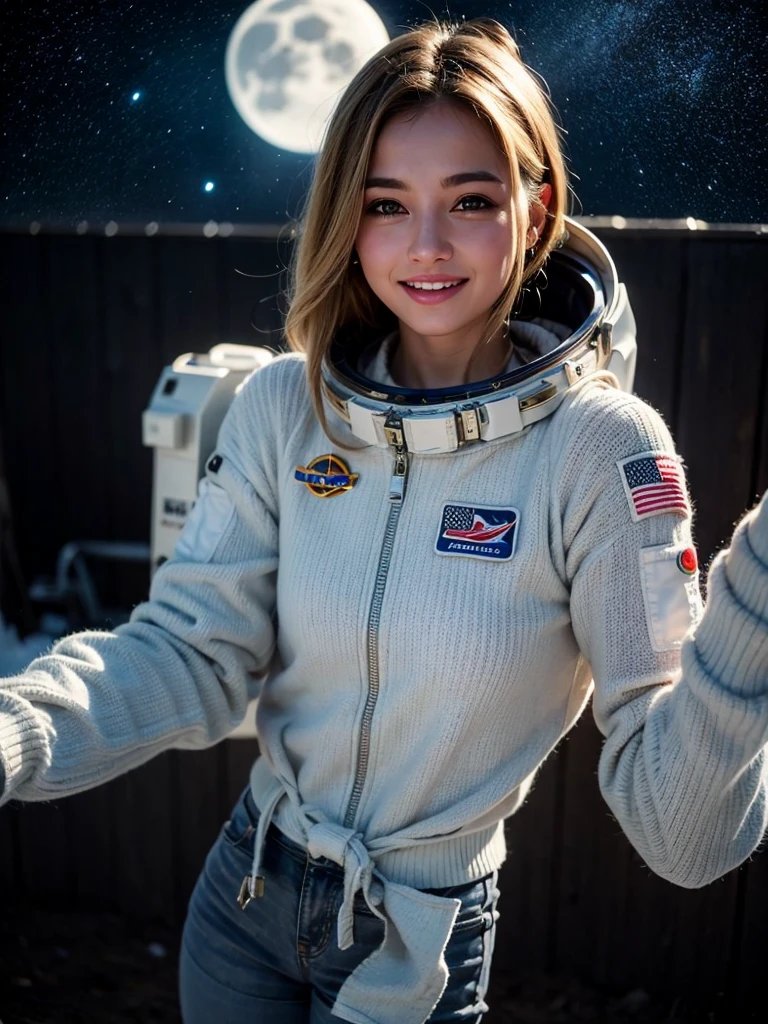 (smile)、(((Staring at the audience)))、((Wearing a space suit standing on the moon)),((White bikini shorts))、(((Spacewalk)))、wear spacesuits, 白いDressed in an astronaut costume, Cute girl in a tank top, girl in space, In space, (((Dressed in an astronaut costume))), woman astronaut, ((Open stance on the moon))、((Sexy young woman's body:1.4))、Large bust、The navel is clean、I can see your belly、