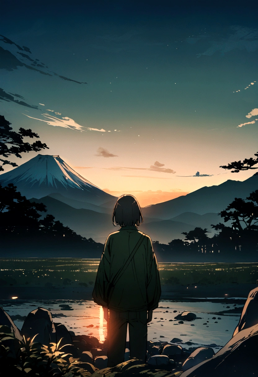 mount. A deep golden green gradation with Mt. Fuji at sunrise visible beyond Enoshima