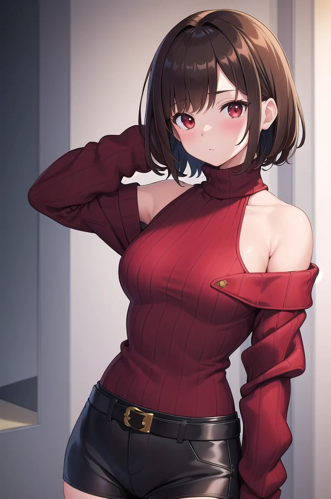 (masterpiece, best quality), charaSF, 1girl, solo, short hair, brown hair, red eyes, collar, black jacket, off shoulder, fur trim, red sweater, ribbed sweater, turtleneck, shoulder cutout, long sleeves, black shorts, blush, portrait